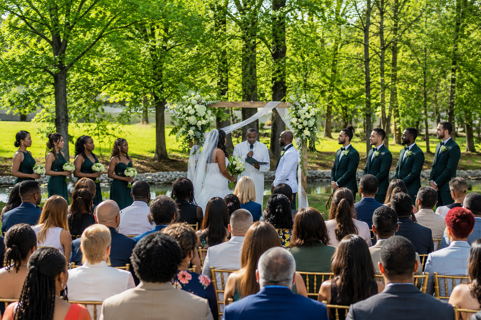 Outdoor ceremony with wedding party